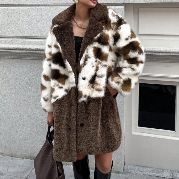 Rust Brown Casual Women's Medium Long Cow Fur Coat